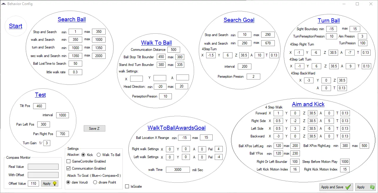 Behavior module interface showing the game state and match settings.