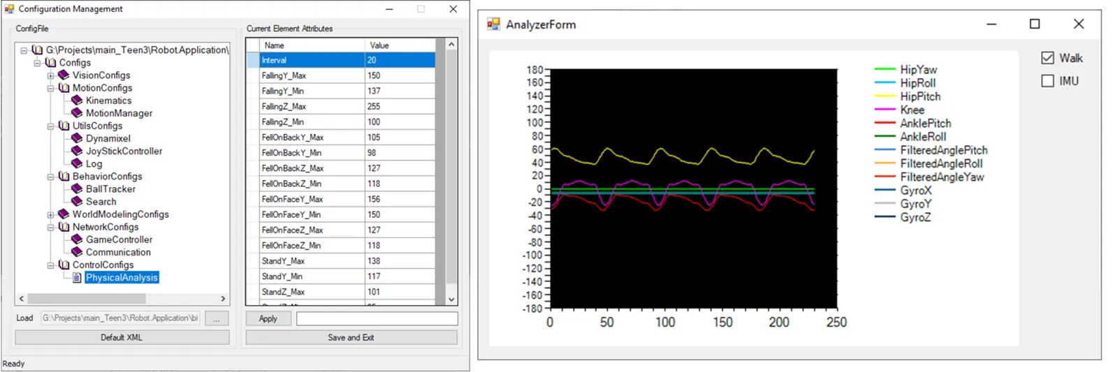 Configuration and monitoring screens with editable settings and sensor charts.