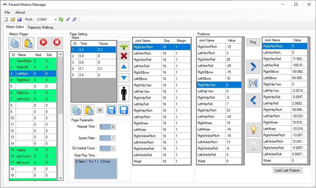 Motion editor window listing keyframe pages and per-joint servo values.