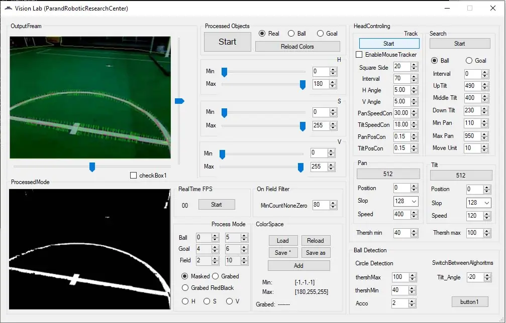 Vision tool showing a camera frame of the field with the detected ball and goal highlighted.