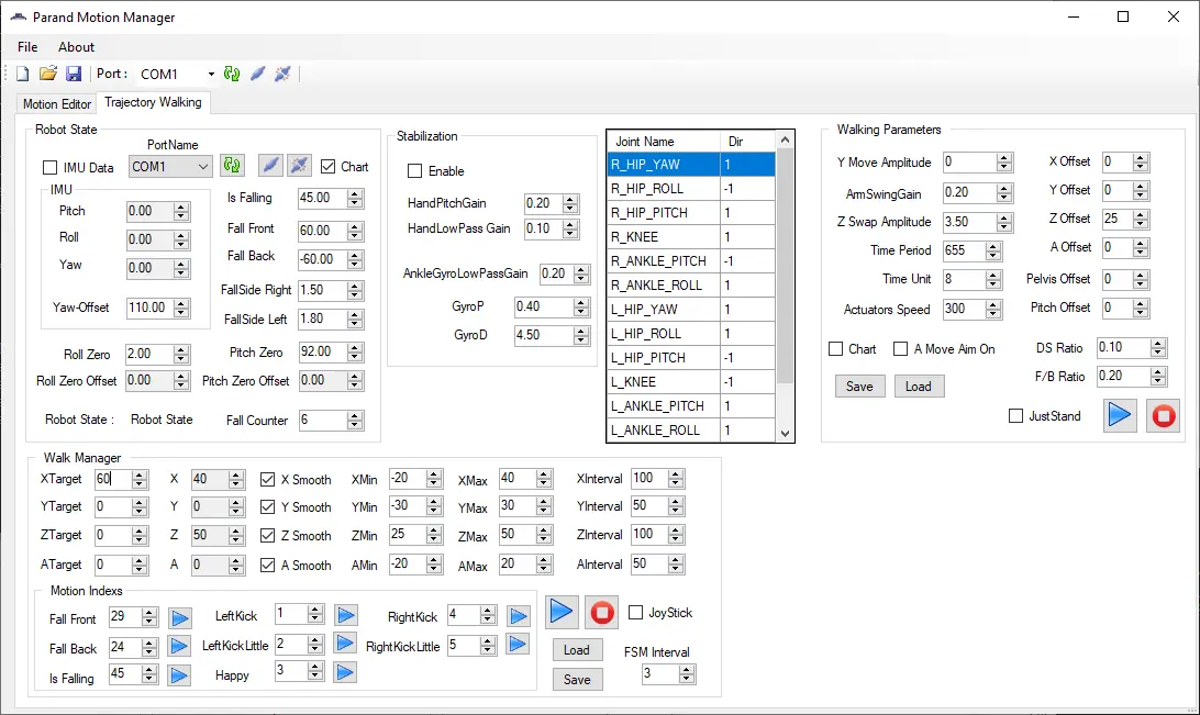 Walk engine tuning window with gait parameters and live charts.